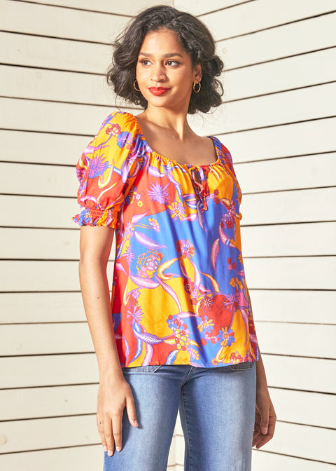 Blusa campesina In All My Vibrance con estampado floral balinés (Venta final)