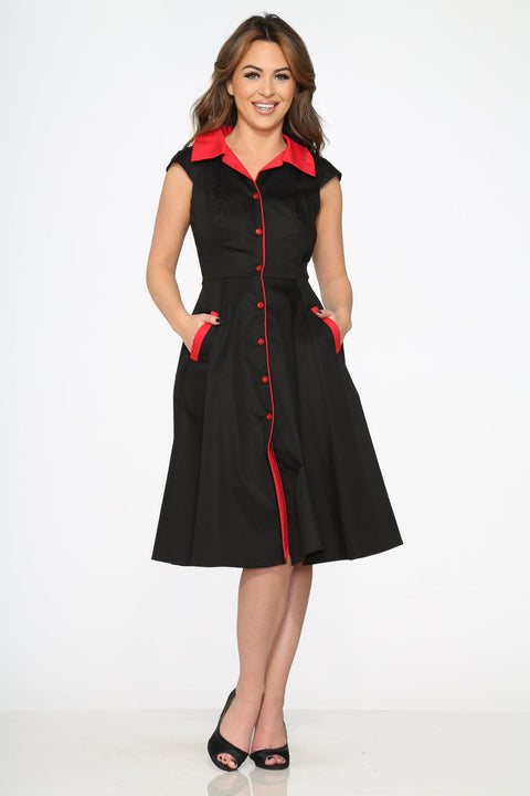 Vestido swing negro con ribete rojo