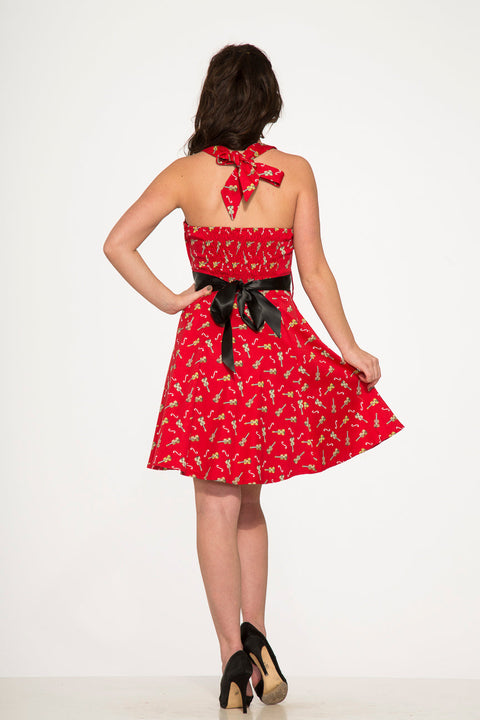 Vestido corto estilo swing con cuello halter y estampado de violín rojo