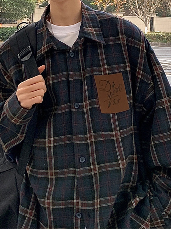 Men’s Contrast Color Plaid Long Sleeve Tee