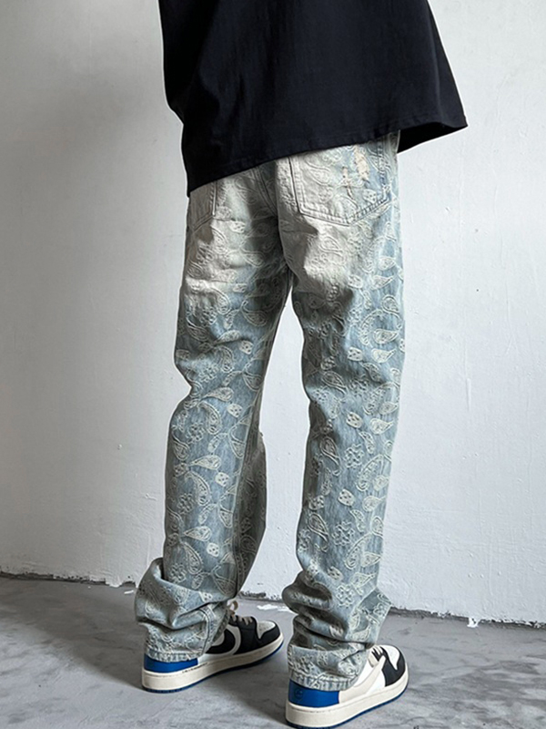 Men’s Cashew Flower Print Ripped Loose Jeans