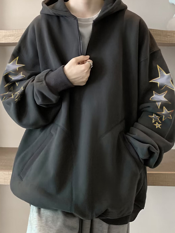 Men’s Sleeve Star Print Zip Up Oversized Hoodie