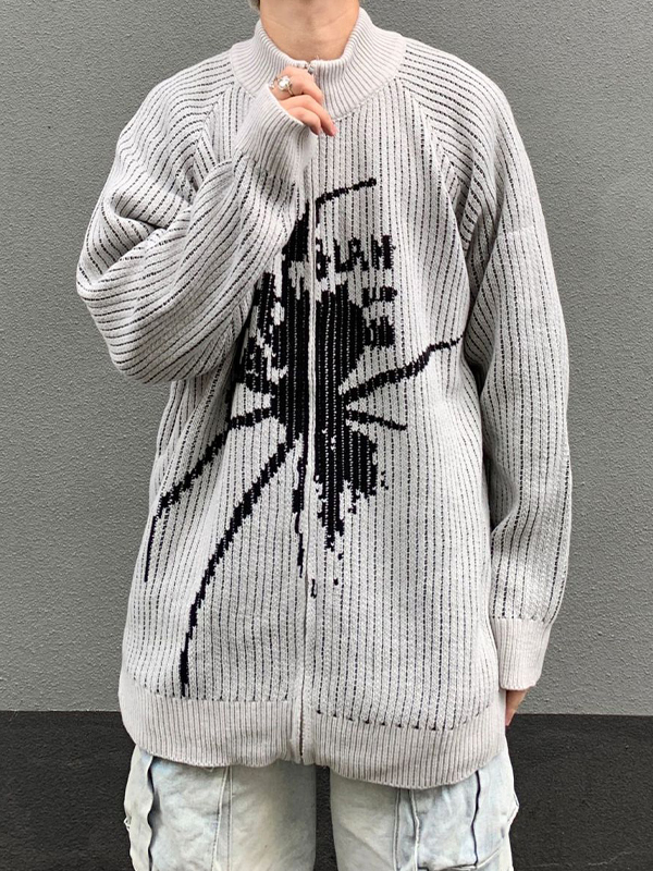 Men’s Spider Print Collar Neck Zip Up Knit Outwear