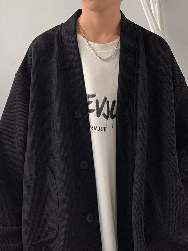 Men’s Solid Waffle V Neck Cardigan Jacket