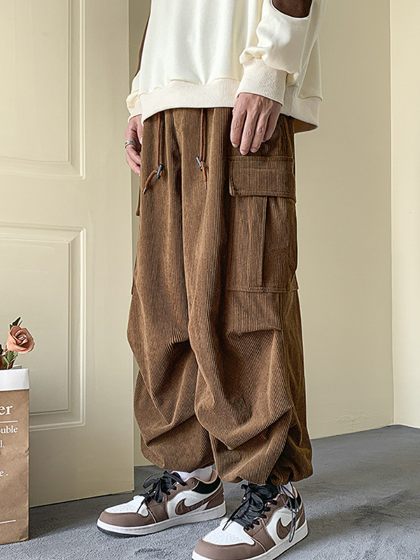 Men’s Corduroy Big Pocket Bound Feet Drawstring Cargo Pants