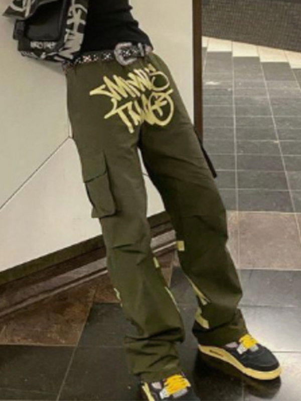 Men’s Letter Print Multi Pocket Drawstring Wide Leg Pants