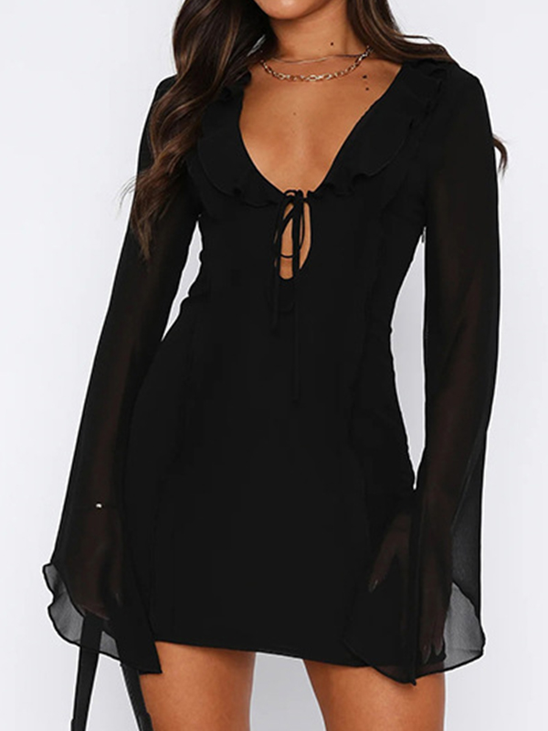 Plunge Neck Lace Up Ruffle Mini Dress