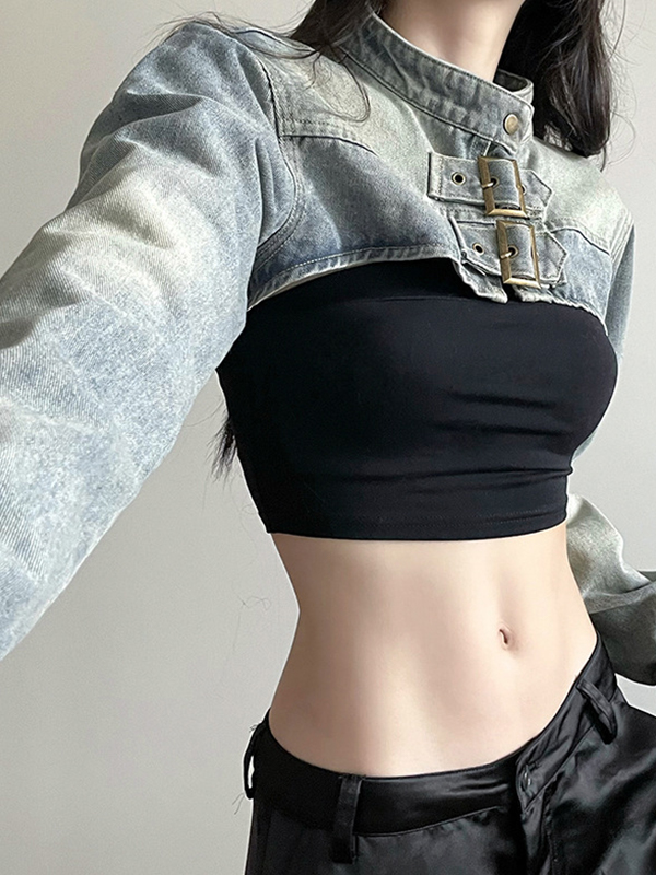 Light Washed Collar Neck Buckle Ultra Short Jacket