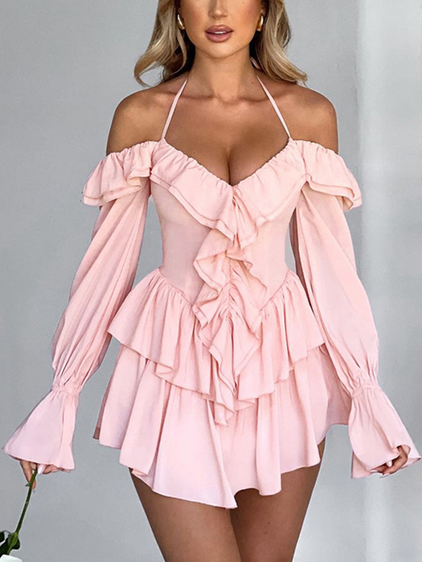 Solid Halter Ruffled Trim Mini Dress