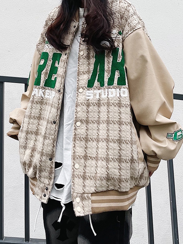 Letter Embroidery Plaid Splice Varsity Jacket