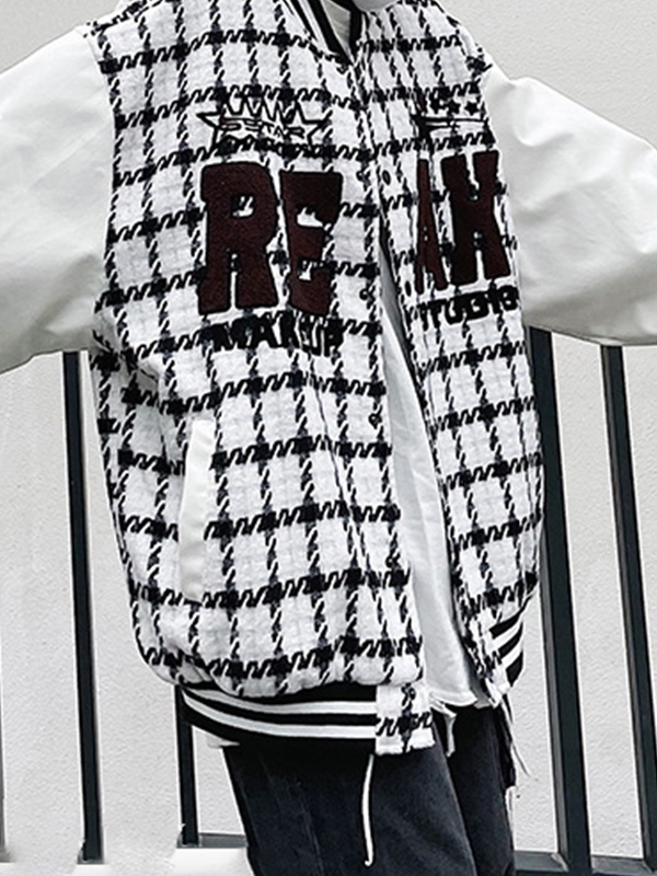 Letter Embroidery Plaid Splice Varsity Jacket