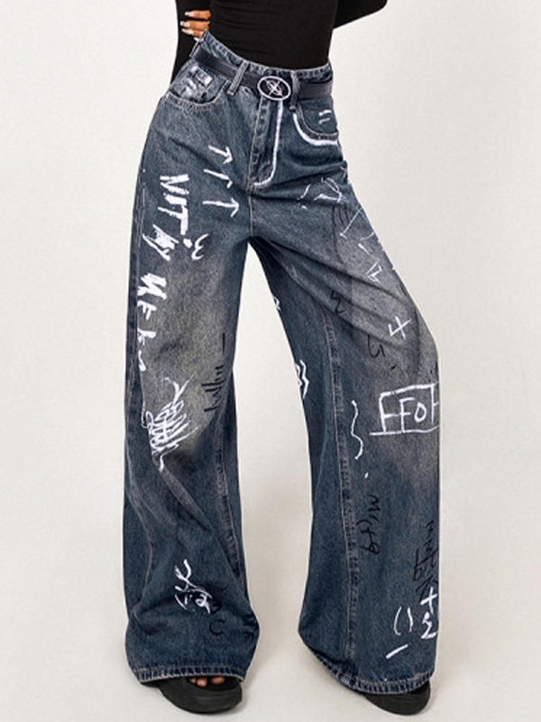 Distressed Random Graffiti Print Boyfriend Jeans