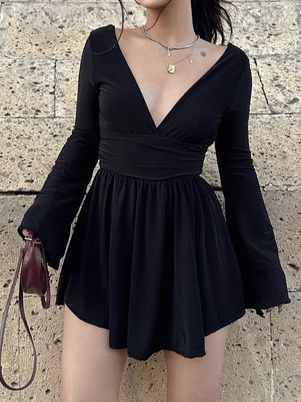Solid V Neck Mini Dress