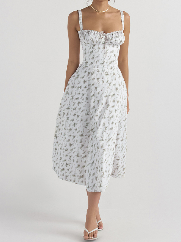 Leaf Print Tie Front Thigh Splice Midi Dress