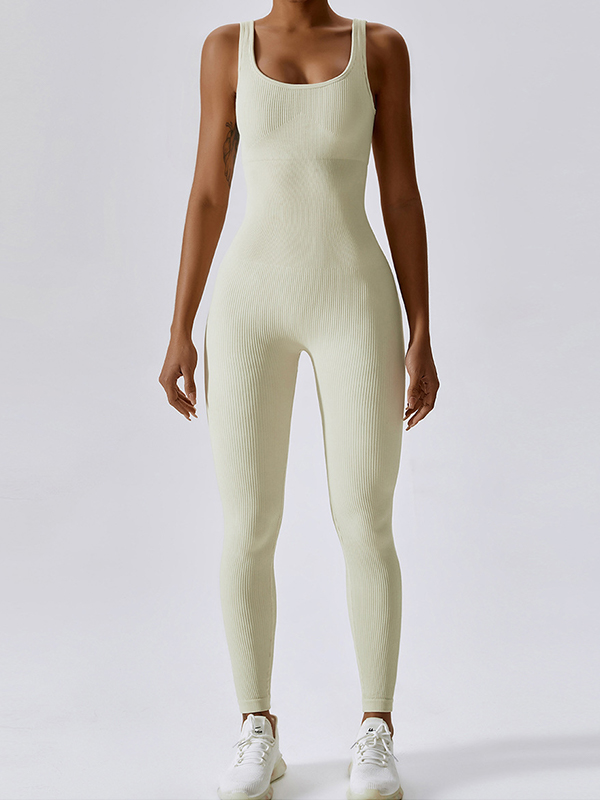 Solid Elastic U Neck Jumpsuit