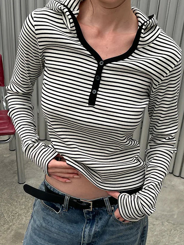 Hooded Striped Loose-Fitting Long-Sleeved Top
