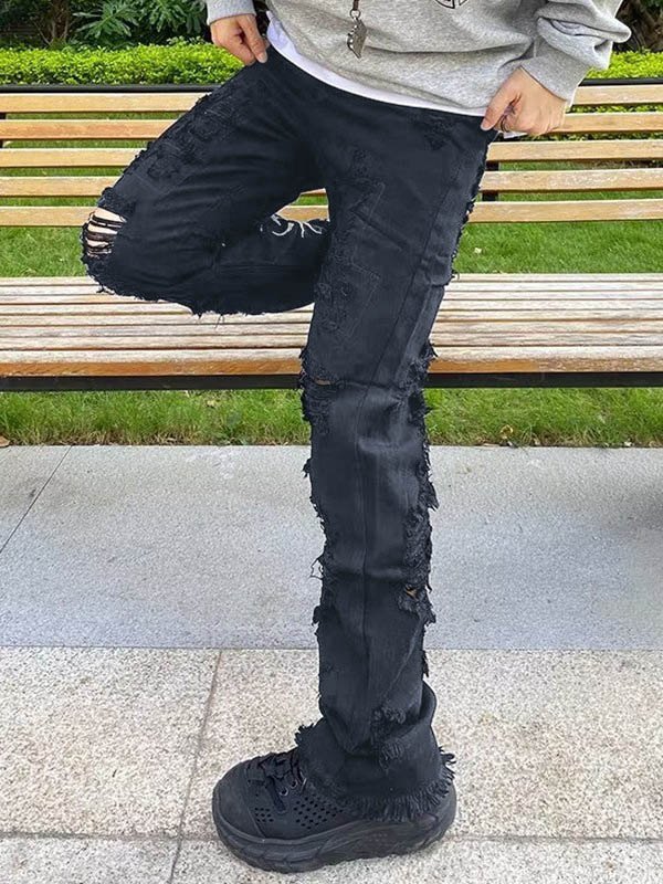 Men’s Back Embroidered Distressed Straight Leg Jeans