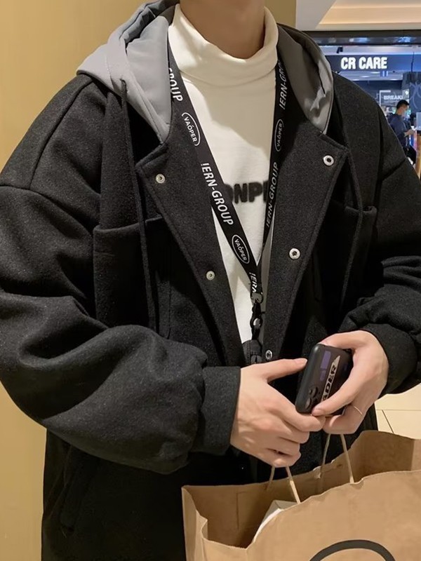 Men’s Patchwork Wool Blend Hooded Jacket