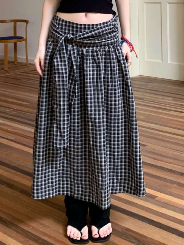 Hot Girl Contrast Color Strap Plaid Side Zipper Maxi Skirts