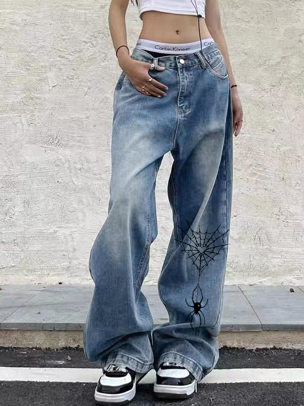 Spider Print Vintage Blue Wide Leg Boyfriend Jeans