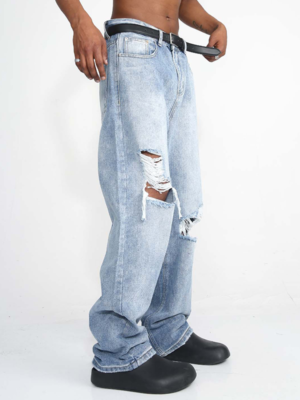 Holed Cat Whiskers Design Mopping The Floor Ripped Jeans