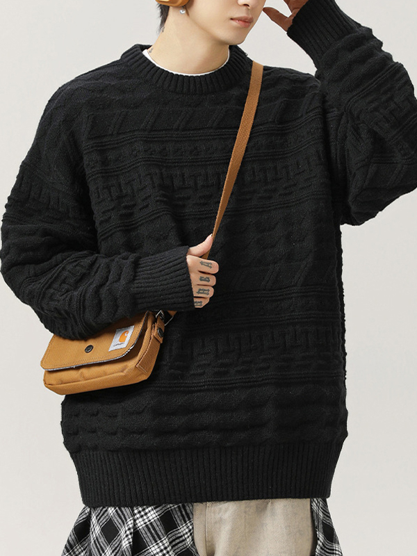Retro Cable Textured Crew Neck Sweater
