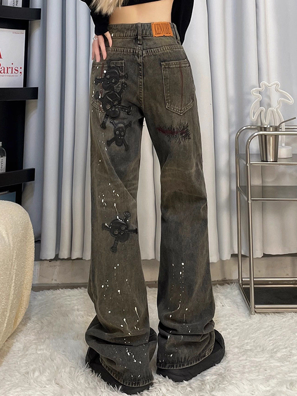 Splashed Ink Skull Embroidery On Leather Boyfriend Jeans