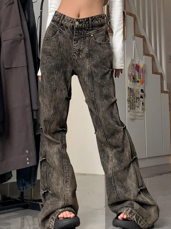 Wasteland Style Washed Pleats Slightly Flared Flare Jeans