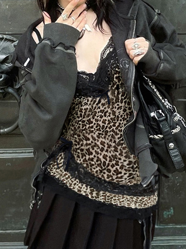Lace Patchwork Leopard Print Cami Top