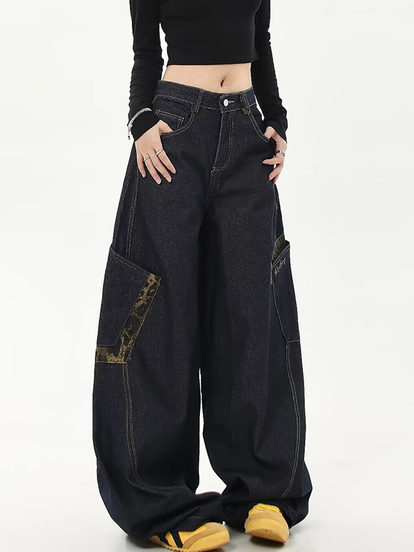 American Retro Leopard Print Stitching Boyfriend Jeans