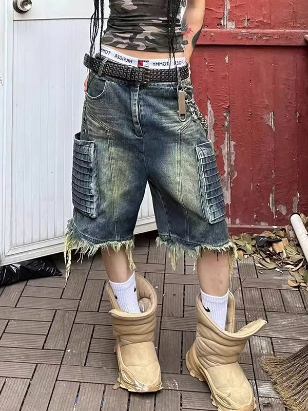 Washed Denim Raw Edge Pockets Denim Shorts