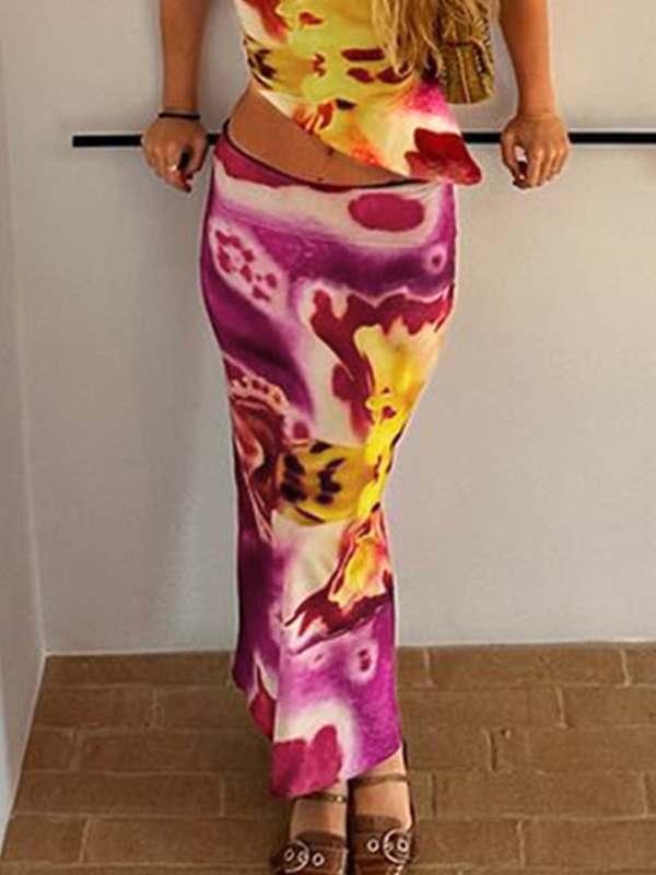 Floral Print Shoulder Maxi Skirt