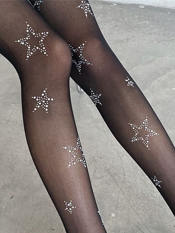 Rhinestone Star Detail Mesh Tights