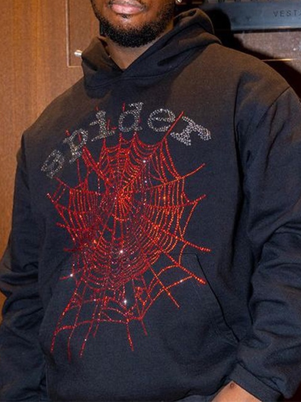 Men’s Fleece Street Spider Web Rhinestone Oversized Hoodie