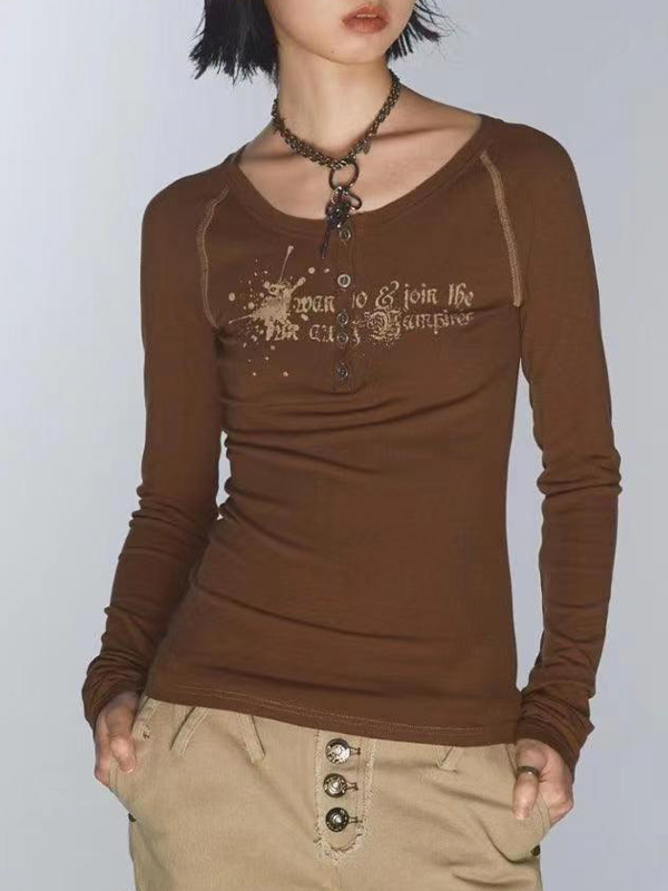 Vintage Print V Neck Breasted Long Sleeve Tee