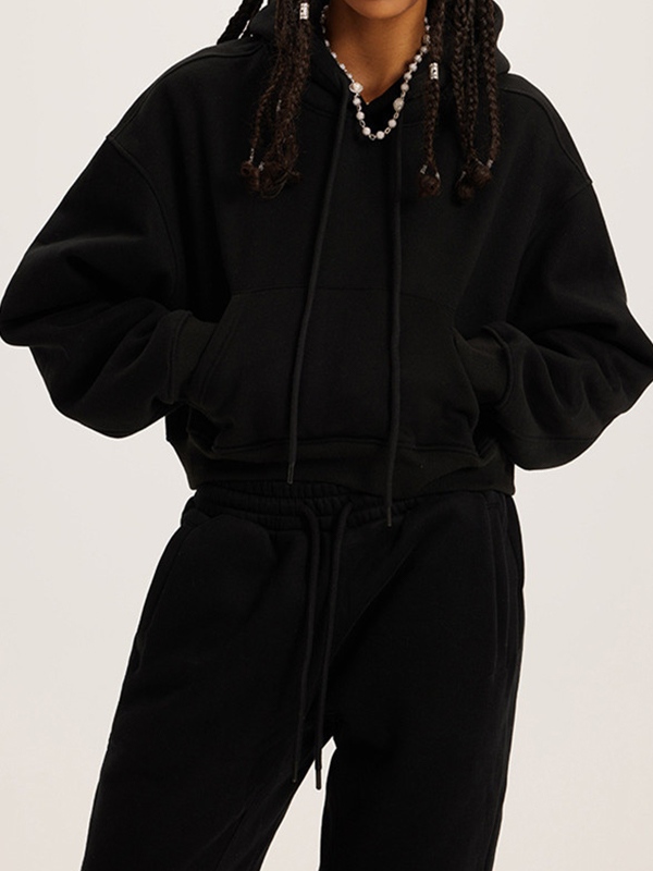 Solid Color Kangaroo Pocket Short Oversized Hoodie