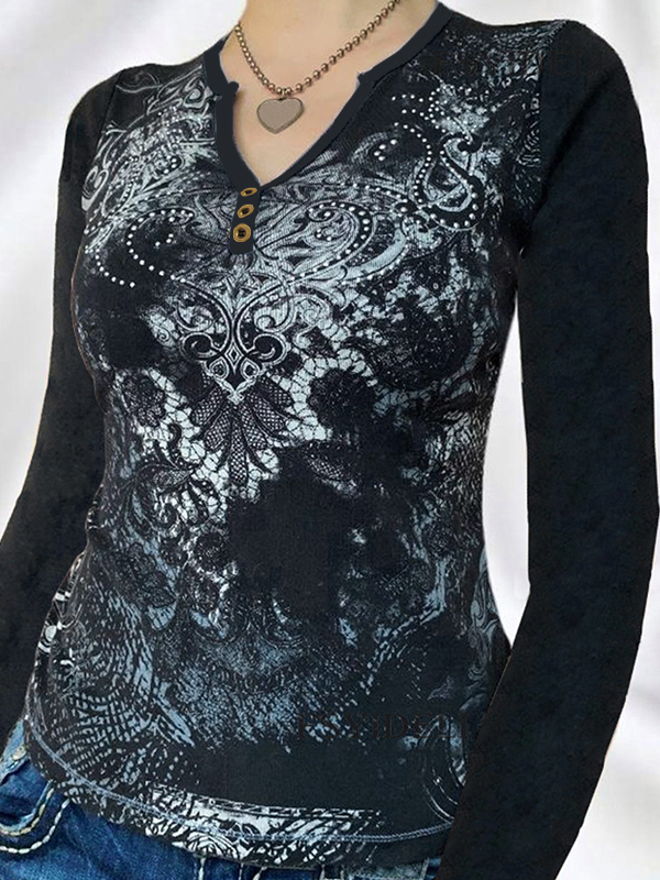 Gothic Print V Neck Long Sleeve Tee