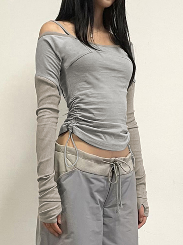 Off Shoulder Splice Side Drawstring Long Sleeve Tee