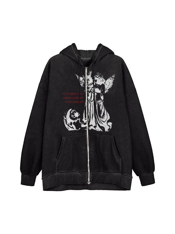 Vintage Character Print Zip Up Oversized Hoodie