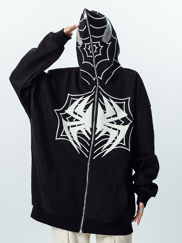 Contrast Color Spider Print Full Zip Oversized Hoodie