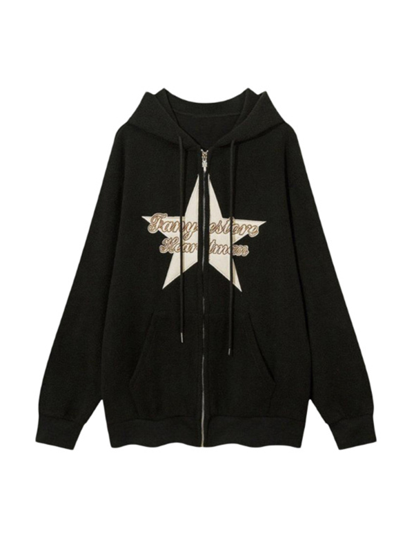 Polar Fleece Star Embroidered Zip Up Oversized Hoodie