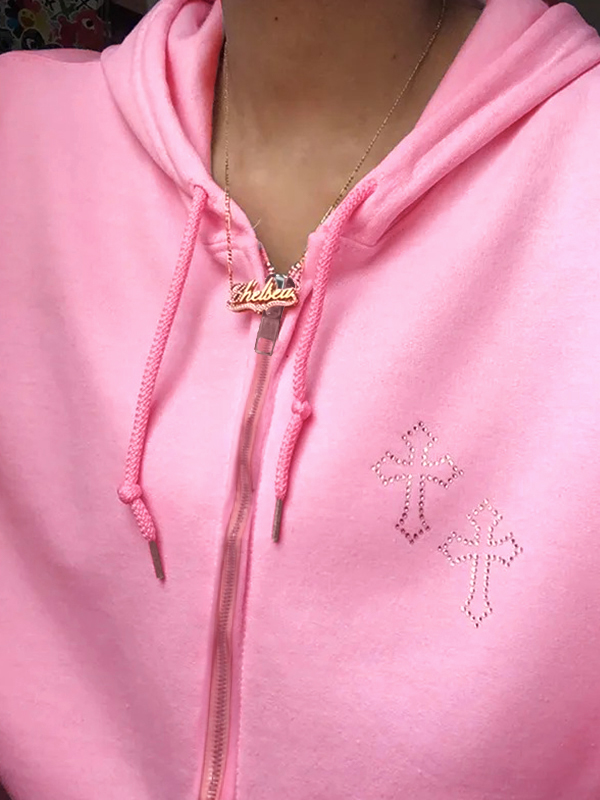 Vintage Cross Rhinestone Print Zip Up Oversized Hoodie