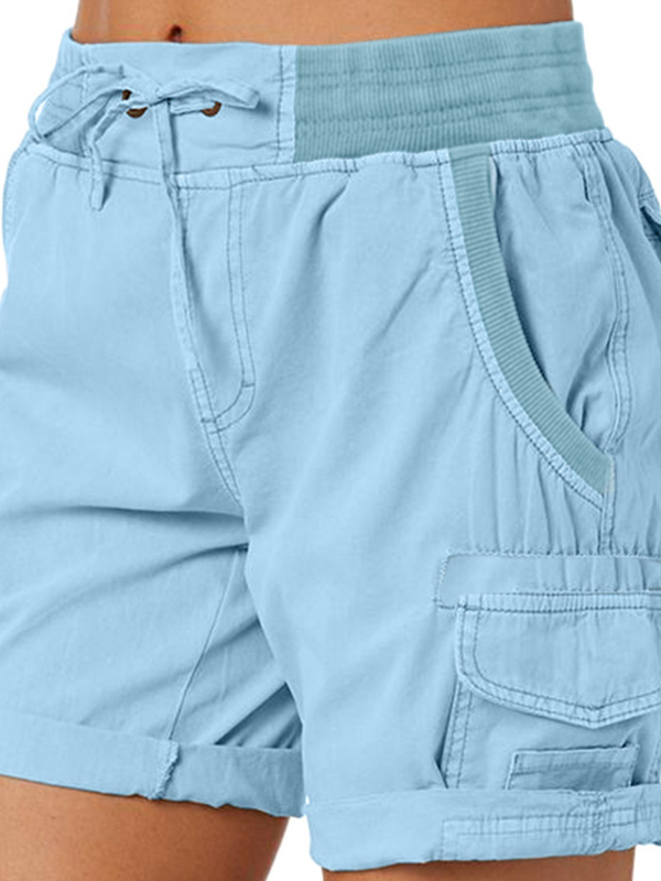 Solid Elastic Waist Multi Pocket Drawstring Shorts