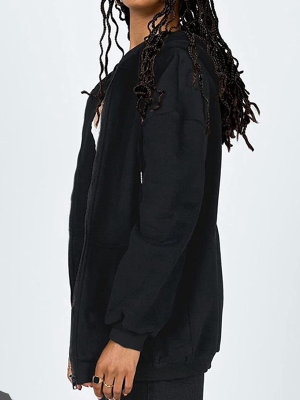 Solid Drawstring Zip Up Oversized Hoodie