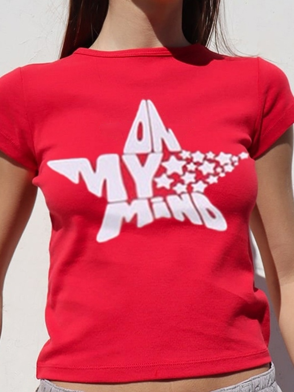 Star Letter Print Cropped Short Sleeve Tee