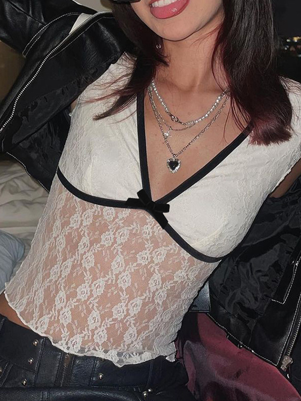 Lace Bow Splice V Neck Short Sleeve Tee