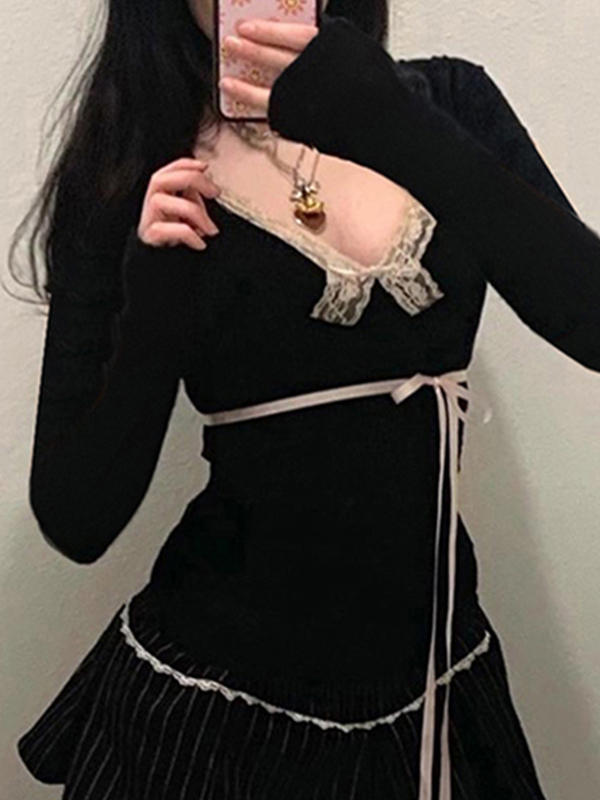 Lace Trim Bow Splice V Neck Long Sleeve Tee