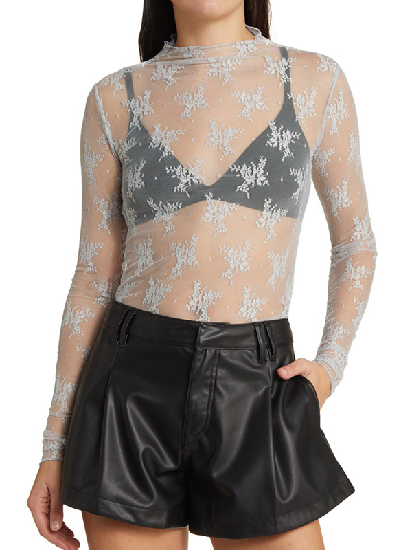 Solid See Through Lace Mock Neck Long Sleeve Tee