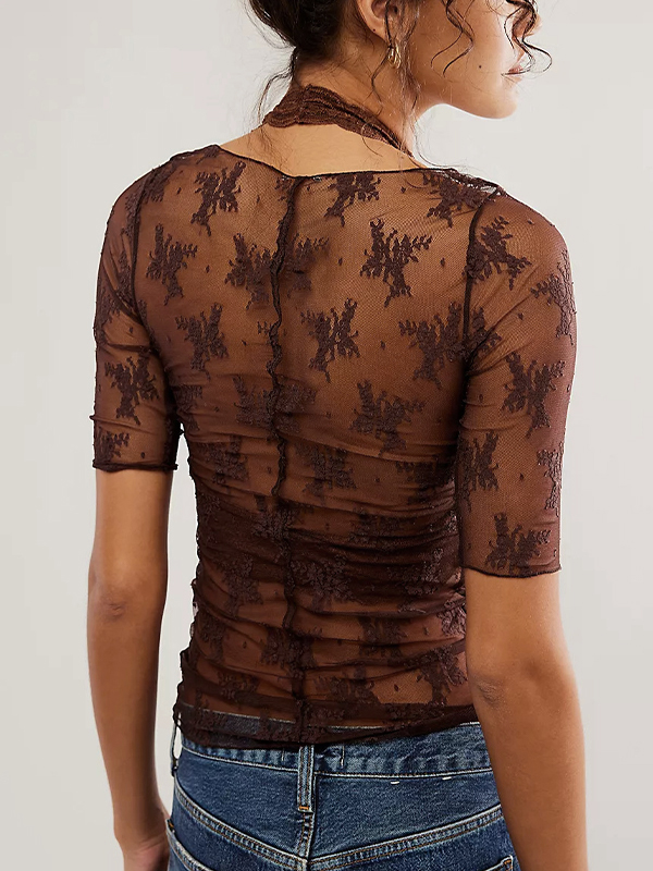 See Through Lace Crew Neck Short Sleeve Tee