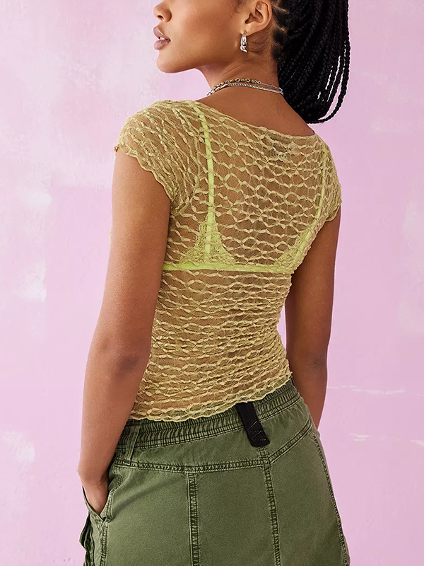 V Neck Lace Bow Short Sleeve Tee